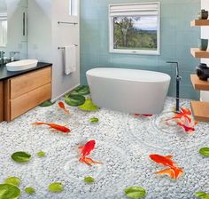 there are many goldfish in the bathroom and one is on the bathtub floor