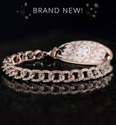 Our limited edition Reverie Crystal and Rose Gold medical ID bracelet is a gorgeous, trendy design you will love wearing. A 14-karat rose gold dipped, cubic zirconia-encrusted curb chain, Reverie offers a touch of sparkle and class to any outfit. #LaurensHopeMedIDs #MedicalIDs #MedIDs Elegant Curb Chain Bracelet With Cubic Zirconia, Cubic Zirconia Curb Chain Bracelet Gift, Dazzling Rose Gold Cubic Zirconia Bracelet, Elegant Rose Gold Curb Chain Bracelet, Dazzling Rose Gold Jewelry With Diamond Accents, Elegant Rose Gold Diamond Bracelet With Chain, Rose Gold Cubic Zirconia Bracelet With Tarnish Resistance, Luxury Rose Gold Chain Bracelet With Diamond Accents, Rose Gold Diamond Chain Bracelet For Anniversary