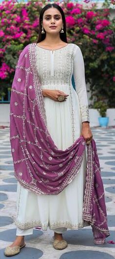 White and Off White color Salwar Kameez in Art Silk fabric with Embroidered, Sequence work White Anarkali Suits Party Wear, White Indian Dress, Pakistani Kurti Designs, Indian Outfits Modern, Sharara Designs, Combination Dresses, Party Wear Kurtis