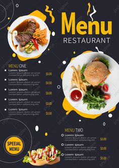 a menu for a restaurant with two plates of food and fries on the side,