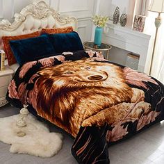 a bed with a bear print on it