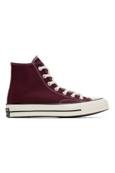 Converse: Burgundy Chuck 70 Vintage Sneakers | SSENSE Brown Cotton High-top Sneakers, Converse High-top Sneakers With Round Toe, Canvas High-top Sneakers With Embroidered Logo For Streetwear, Streetwear High-top Canvas Sneakers With Embroidered Logo, Brown Low-top Cotton Sneakers, Converse Canvas Sneakers With Logo Patch On Tongue, Converse Canvas Sneakers With Logo Patch, Brown Cotton Low-top Sneakers, Canvas High-top Sneakers With Logo Patch