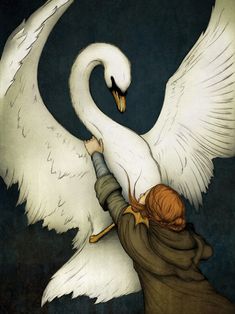 a painting of a person touching a large white swan with its wings spread out and it's head in the air