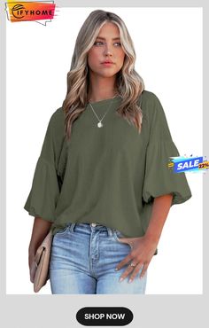 Green Joint Bubble Sleeve Round Neck Blouse Casual Lantern Sleeve Blouse With Relaxed Fit, Solid Color Crew Neck Blouse For Fall, Crew Neck Solid Color Blouse For Fall, Fall Lantern Sleeve Top Solid Color, Casual Blouse With Blouson Lantern Sleeves, Solid Color Tops With Blouson Short Sleeves, Spring Crew Neck Top With Blouson Sleeves, Casual Solid Tops With Blouson Sleeves, Casual Solid Color Blouse With Lantern Sleeves