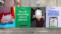 two billboards on the side of a building with people covering their faces and using cell phones