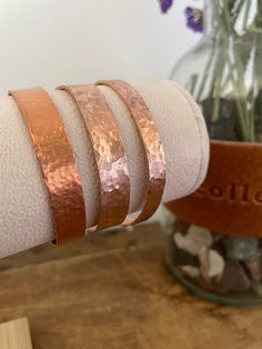 Offered in 2 sizes, 1/4in x6in and 1cm x 6in, 16 gage copper bracelet is individually crafted. This bracelet can be adjusted slightly to fit your wrist.   * Turnaround time is 2 weeks; however, I try to have them shipped out sooner before that. Handmade Rose Gold Copper Cuff Bracelet, Adjustable Bronze Copper Bracelets, Hammered Rose Gold Cuff Bracelet Gift, Adjustable Hand Forged Bangle Bracelet, Hand Forged Copper Bangle Bracelet, Adjustable Hammered Copper Cuff Bracelet, Handmade Copper Bangle Bracelets, Hammered Copper Bangle Bracelets, Hammered Copper Bangle Bracelet