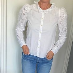 Romantic, Eyelet Blouse With Puckered Shoulders. Size Xs 100% Cotton Casual Fitted Blouse With Broderie Anglaise, Fitted Casual Blouse With Broderie Anglaise, Fitted Blouse With Broderie Anglaise, Fitted Broderie Anglaise Blouse, Fitted Broderie Anglaise Blouse For Day Out, Feminine Broderie Anglaise Blouse For Brunch, Chic Fitted Broderie Anglaise Blouse, Fitted Broderie Anglaise Chic Blouse, White Lace Blouse