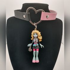 Handmade Ooak Lagoona Choker Necklace! Black And Pink Vegan Leather Strap With Silver Heart Ring. Made With A Mega Bloks Lagoona Blue Toy That Has Been Customized With A Necklace And Bracelet! 14" - 15.5" Adjustable Snap Closure. Cute And Weird (In The Best Possible Way)! Brand New, Never Worn. Keywords: Monster High Student Fairy Kei Fairycore Faecore Fairywave Cute Anime Original Weird Unique Funny Gift Kawaii Toy Harajuku Cartoon Pastelgoth Pastel Bubblegoth Bubble Upcycled Repurposed Recycle Monster High Jewelry, Monster High Bracelet, Monster High Earrings, Draculaura Necklace, Mermaid Monster High, Monster High Necklace, Blue Monster High, Lagoona Blue Monster High, Monster High Dolls Lagoona