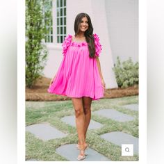 Pleated Frill Shoulder Dress- Barbie Pink Nwt Flowy Pleated Mini Dress For Vacation, Flowy Pleated Mini Dress For Spring, Spring Pleated Dress For Day Out, Flowy Pleated Mini Dress For Day Out, Spring Pleated Mini Dress For Garden Party, Spring Shift Sundress Mini Dress, Spring Shift Sundress, Spring Beach Mini Dress With Pleats, Beach Mini Dress With Short Sleeves And Pleats