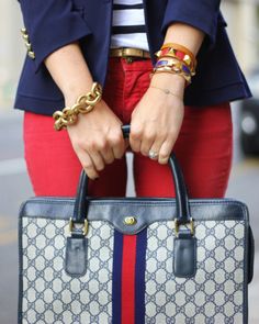 red and navy and gucci How To Wear Jeans, Brooklyn Blonde, Preppy Girl, Red Jeans, Shirts Women Fashion, Looks Street Style, Red Pants, Mode Inspo, Gucci Handbags