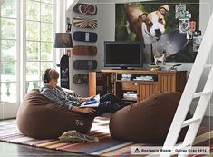 a person sitting on a bean bag chair in a living room with a dog painting on the wall