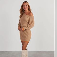 Never Worn! Take Your Seasonal Knit Dresses Up A Notch With The Dennis Mini Dress That Features An Off-The-Shoulder Neckline. Crafted From A Fitted, Ribbed Knit Fabric And With A Cinching Belt, This Sweater Dress Looks Epic With Knee-High Boots. Fitted Off The Shoulder Neckline Belted Ribbed Knit Fabric With Contrast Trim No Closures Or Lining 35% Acrylic 35% Nylon 30% Wool Runs Large Off The Shoulder Sweater Dress With Boots, Vici Dress, Mini Sweater, Knit Dresses, Mini Sweater Dress, Contrast Trim, High Boots, Knee High Boots, Knit Dress