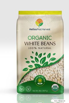 organic white beans in a bag on a reflective surface with the packaging label below it