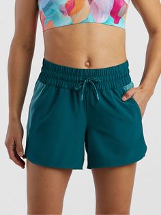 Women's Board Shorts: Tideturn 4" - Colorblock Green Nylon Shorts With Functional Drawstring, Athleisure Green Nylon Swim Trunks, Short Nylon Swimwear For Training, Green Swimwear With Built-in Shorts For Sports, Nylon Training Swimwear, Short Style, Sporty Green Color Block Bottoms, Nylon Swim Shorts With Functional Drawstring, Nylon Swimming Shorts With Functional Drawstring, Nylon Swimwear With Built-in Shorts For Training