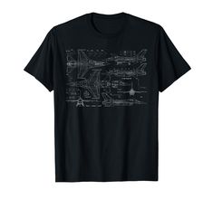 a black t - shirt with blueprinted planes on it