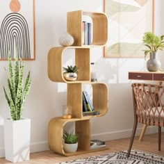 a living room with a plant and some bookshelves on the wall next to a chair