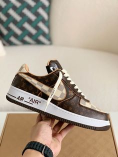 Step into iconic style with these statement-making sneakers, channeling the legendary Louis Vuitton x Nike Air Force 1 collaboration. The luxurious brown leather upper, adorned with the signature Louis Vuitton monogram, exudes sophistication and streetwear cool. Off-White™-inspired details like the quoted "AIR" branding and "LACET" tag add a contemporary edge. Embrace the fusion of high-fashion and sneaker culture with these coveted kicks. Air Force Louis Vuitton, Louis Vuitton Af1, Louis Vuitton Trainer, Louis Vuitton Nike, Louis Vuitton Trainers, Lv Sneakers, Sneaker Culture, Air Jordan Sneakers, Loafer Sneakers