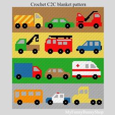 a cross stitch pattern with different cars and trucks on it, all in different colors