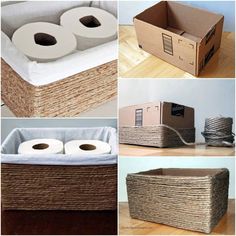 several different types of boxes with toilet paper in them