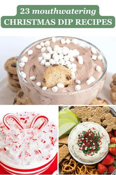 christmas dip recipe collage with cookies, pretzels and marshmallows