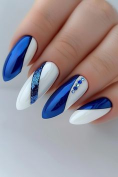 Want to know what's trending in the world of spring nails in 2024? Check out our collection of gorgeous blue nails designs that are totally hot right now! You'll find looks featuring understated styles like the white and blue nails you see here, plus techniques like ombre, negative space, geometric designs, and more. Click to see 44 of-the-moment blue nails and save your favorites! Blue And White Nails Designs, Blue White Nails Design, Nail Designs Blue And White, Blue And White Nail Designs, Nail Art Designs Blue, White Blue Nails, Turquoise Nail Art, Blue Nail Art Designs, Blue And White Nails