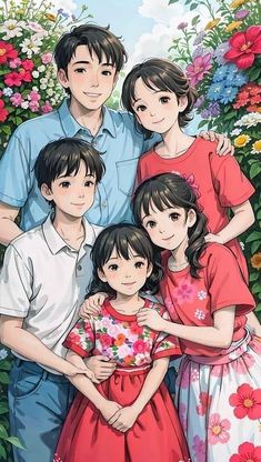 the family is posing for a photo in front of flowers