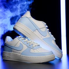 Custom Air Force 1 Light Blue Sneakers. Low, Mid & High Tops. 🎨Artwork: -Exactly as shown in the picture. -Fully hand painted. -Applied Special Acrylic Paint for Shoes and Finisher for more Durability.  -Waterproof and flexible. -We strongly recommend the use of the Anti Crease Protectors included to prolong the durability of the paint in certain areas when feet bend. 👟Sneakers: -100 % Authentic Air Force 1 Sneakers, purchased at official stores in the US, then customized by hand.  📐Size: -C (Child) Y (Youth) W (Women) M (Men.) -Women's sizes might be converted into their equivalent Youth's or Men's: 6.5Y - 8W or 8.5M - 10W, for example. Please refer to the Size Guide. 📦What is included: -Artwork. -Sneakers. -Shipping. -Lace Locks. 🔙Returns/Exchanges: NO RETURNS. Custom shoes are made Blue Custom Air Force 1, Light Blue Sneakers, Unique Sneakers, Air Force 1 Custom, Custom Air Force 1, Womens Wedding Shoes, Blue Sneakers, Custom Sneakers, Shoes Trainers