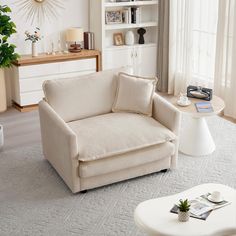 a living room filled with furniture and a clock on the wall