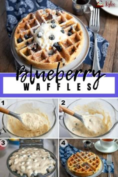 the steps to make blueberry waffles are shown in this collage with pictures