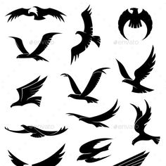 black silhouettes of birds flying in the air - animals characters on separate layers, each with