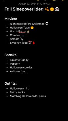 an iphone screen with the text, halloween sleepover idea and other things on it