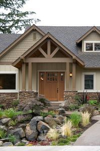 a house that has rocks and plants in front of it