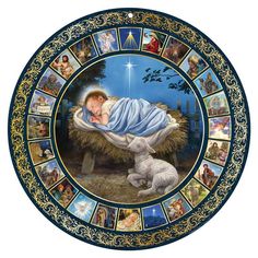 the birth of jesus is depicted on a plate with pictures of people and animals around it