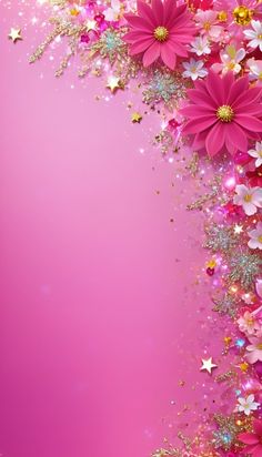 pink flowers and glitters on a pink background