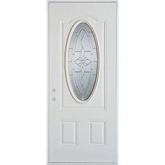 a white door with an oval glass and side panels on the top, in front of a white background