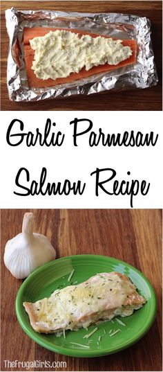 garlic parmesan salmon recipe on a green plate next to an aluminum foil wrapper