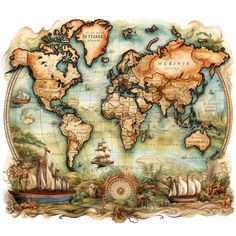 an old world map with ships on it