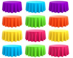 six different color tables with round covers