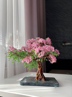 Pink tree sculpture Wire Cherry Blossom Tree, Crystal Bonsai Tree, Beaded Plants, Handmade Desk, Bead Tree, Handmade Desks, Handmade Aesthetic, Paper Bag Crafts, Tree Handmade