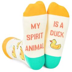 Duck SocksOur pale yellow socks are knitted with rubber ducks swimming in all directions, embellished with bubbles and ripples, making the design very cute. The funny saying "MY SPIRIT ANIMAL IS A DUCK" is knitted into the soles of the feet.Size & PackageOur unisex design fits most men's US size 6-13 feet and most women's US size 7 and up. Each exclusive gift box contains 1 pairs of funny socks.Quality MaterialOur novelty socks are made of 80% Cotton, 15% Polyamide and 5% Elastane to ensure they Non-slip Winter Socks As Gift, Winter Gift Non-slip Socks, Novelty White Socks For Winter, White Novelty Socks For Winter, Comfortable Non-slip Socks For Gift, Comfortable Non-slip Socks As Gift, Fun White Socks As Gift, Fun White Socks As A Gift, Duck Socks