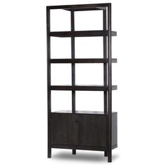 an open bookcase with three shelves and two doors on the bottom, in dark wood