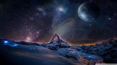 an image of the planets and stars in the night sky with mountains, rocks and snow