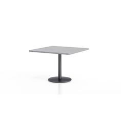 a square table with a black base on an isolated white background, viewed from the front