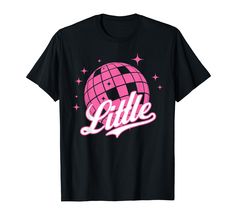 a t - shirt with the word little on it and a disco ball in pink