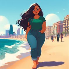 a woman is walking on the beach with her long black hair flowing in the wind