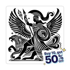 a black and white sticker with an image of a winged man holding a spear