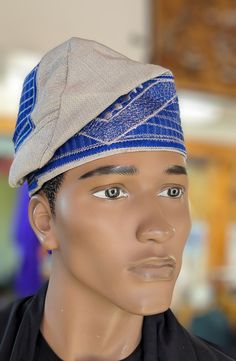 Dupsie's Silver African Aso Oke Kufi Cap hat with Royal-Blue Embroidery  DPHASRB12 Ceremonial Blue Adjustable Hat, Adjustable Blue Ceremonial Hats, Embroidered Hat, One Size Fits Most, Traditional Fitted Blue Hat, Embroidered Fitted Cap, Embroidered Fitted Beanie Hat, Traditional Blue Hat With Curved Brim, Traditional Embroidered Baseball Cap, Traditional Blue Cap