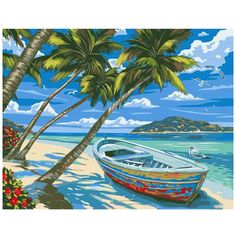 a painting of a boat on the beach with palm trees and seagulls in the background