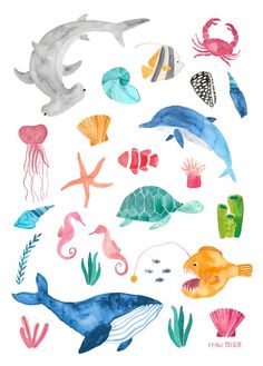 watercolor painting of sea animals and marine life