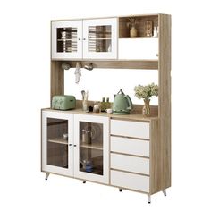 a white and wood cabinet with glass doors